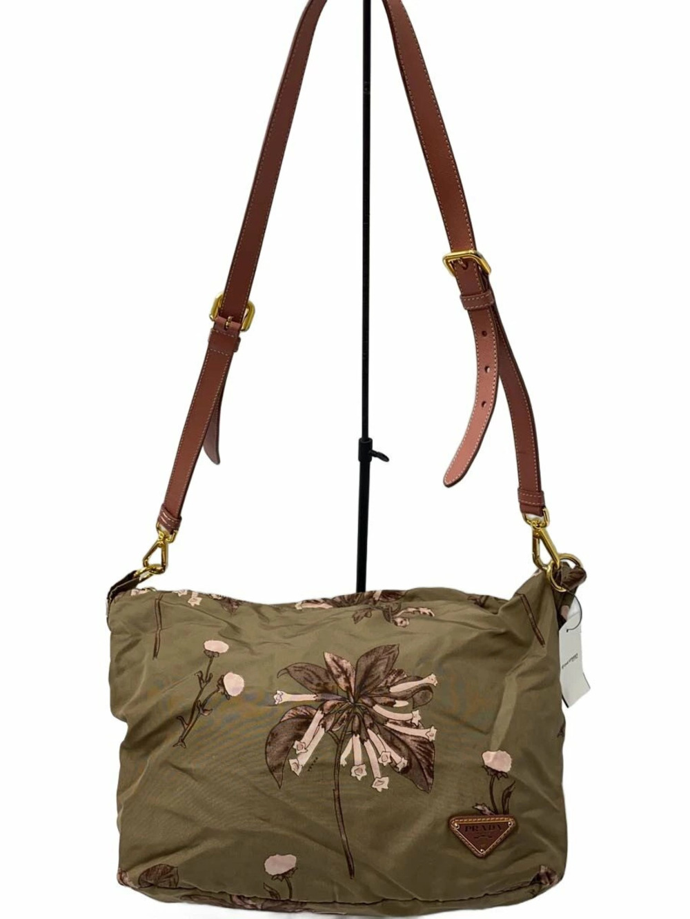 Prada Triangle Plate Shoulder Bag Brown Floral Flower